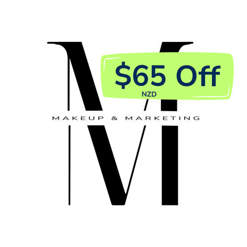 Makeup and Marketing logo with a neon turquoise banner showing 65 NZD off Princess in Training registration