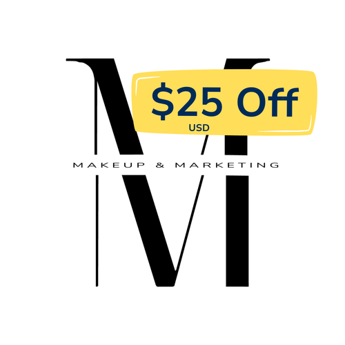 Makeup & Marketing logo with a yellow coupon banner reading 25 Off USD for Princess in Training Registration