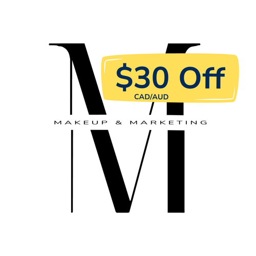 Makeup & Marketing logo with a yellow coupon banner reading 30 Off CAD/AUD for Princess in Training Registration