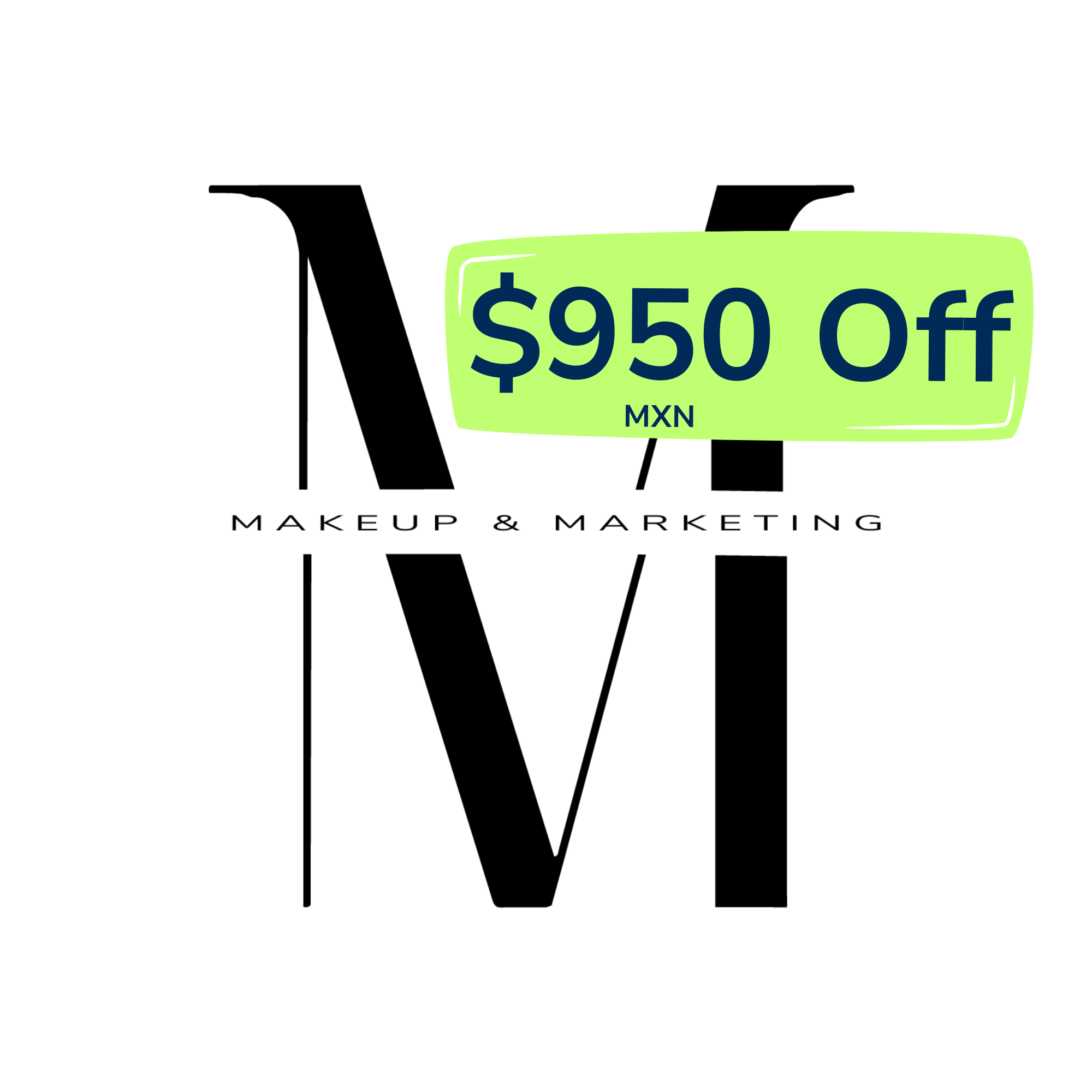 Makeup and Marketing logo with a neon lime banner showing 950 MXN off Princess in Training registration