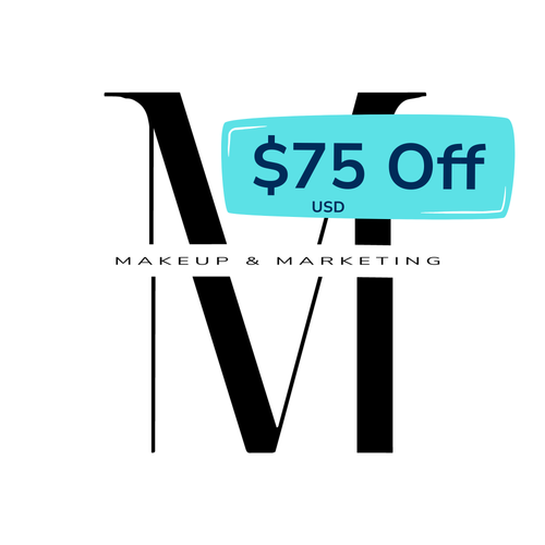 Makeup and Marketing logo with a neon cyan banner showing 75 USD off Princess in Training registration