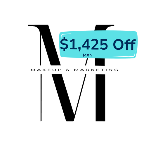 Makeup & Marketing logo with turquoise badge reading $1,425 Off MXN