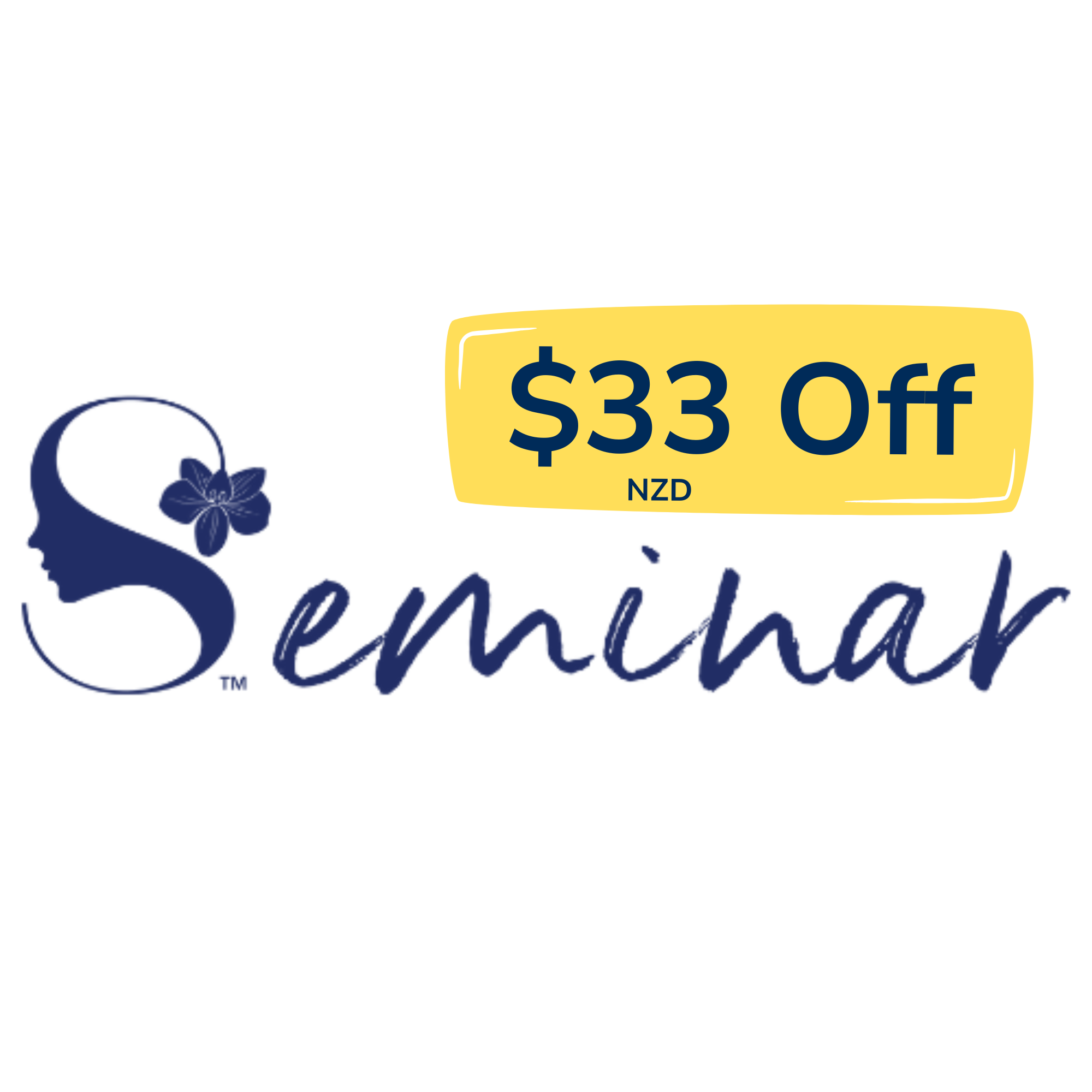 Seminar logo with navy female profile and flower and a yellow badge reading 33 Off NZD