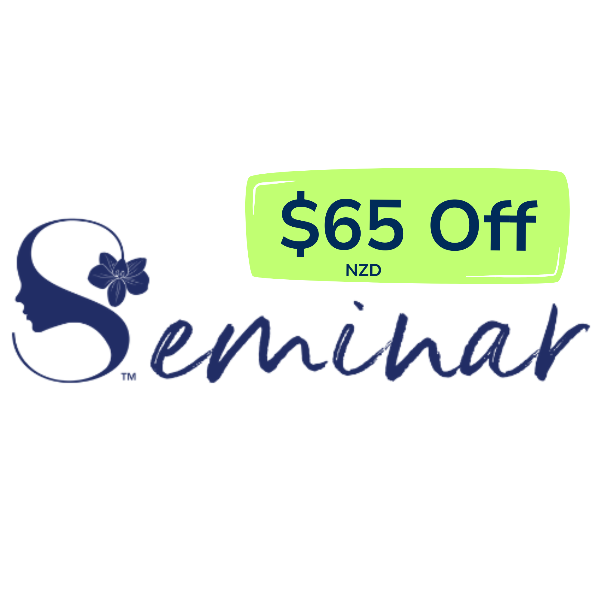 Seminar logo featuring a navy head silhouette with a flower and a lime badge reading $65 Off NZD