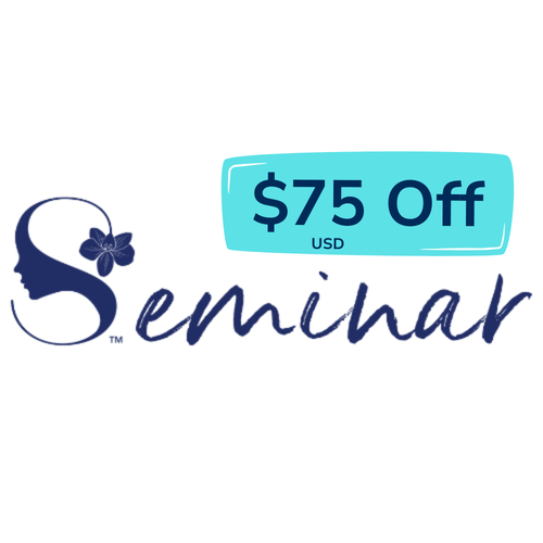 Seminar logo with navy profile and flower on left and a turquoise badge displaying 75 off USD