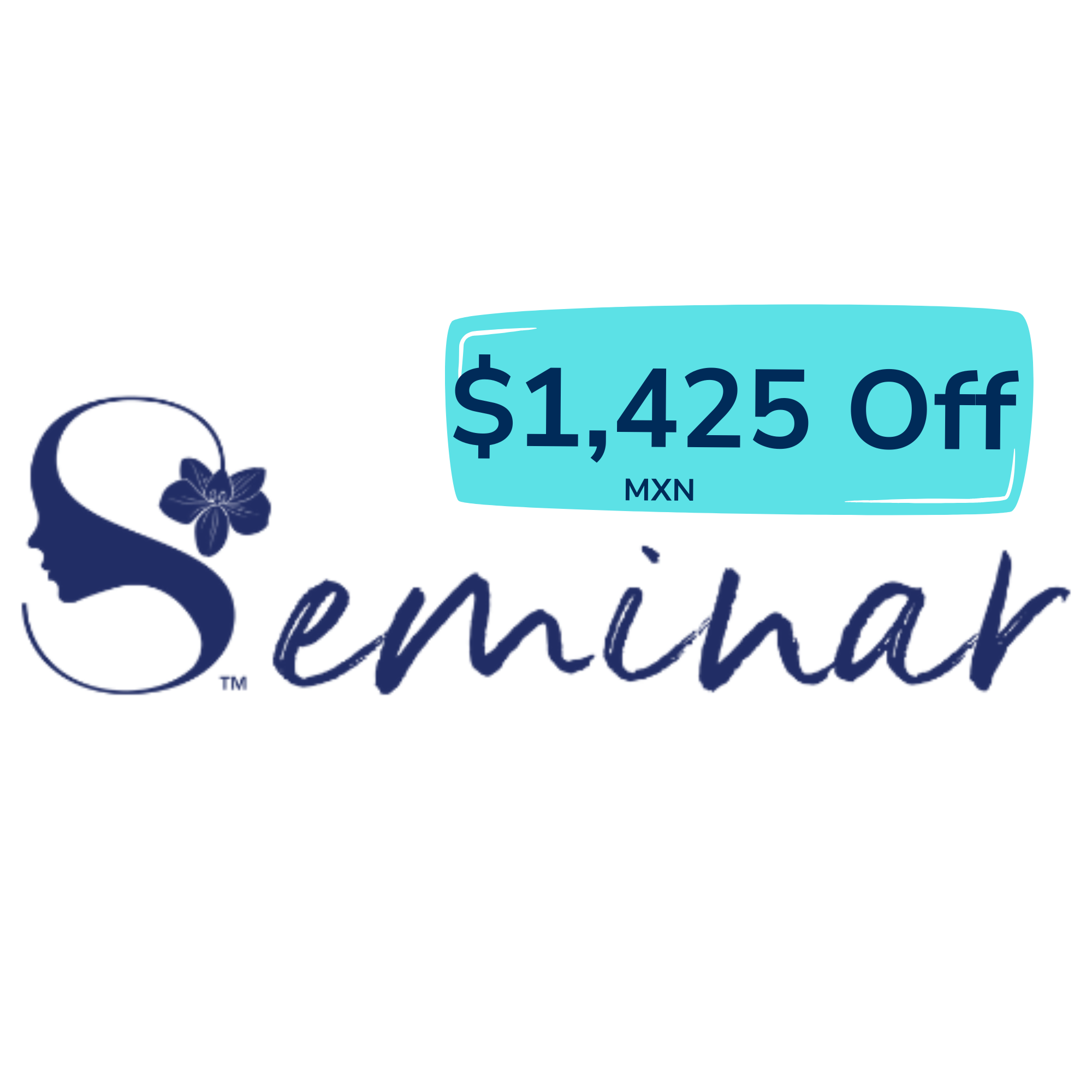 Seminar logo with teal discount banner showing 1,425 MXN off seminar registration