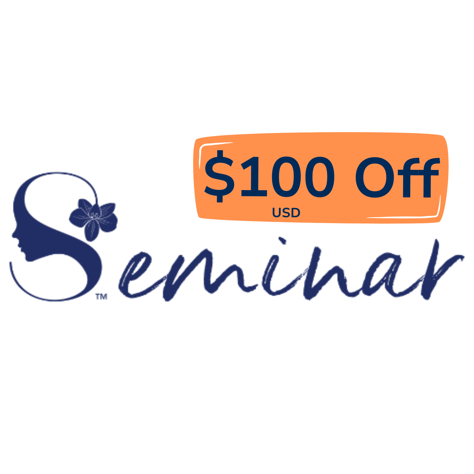 Seminar logo with orange discount banner showing 100 USD off seminar registration