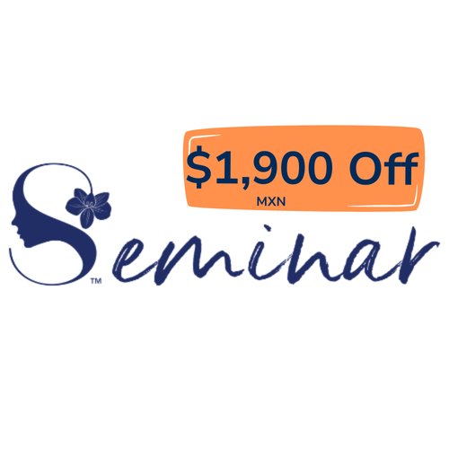 Seminar logo with orange badge reading 1,900 Off MXN over the blue logo.