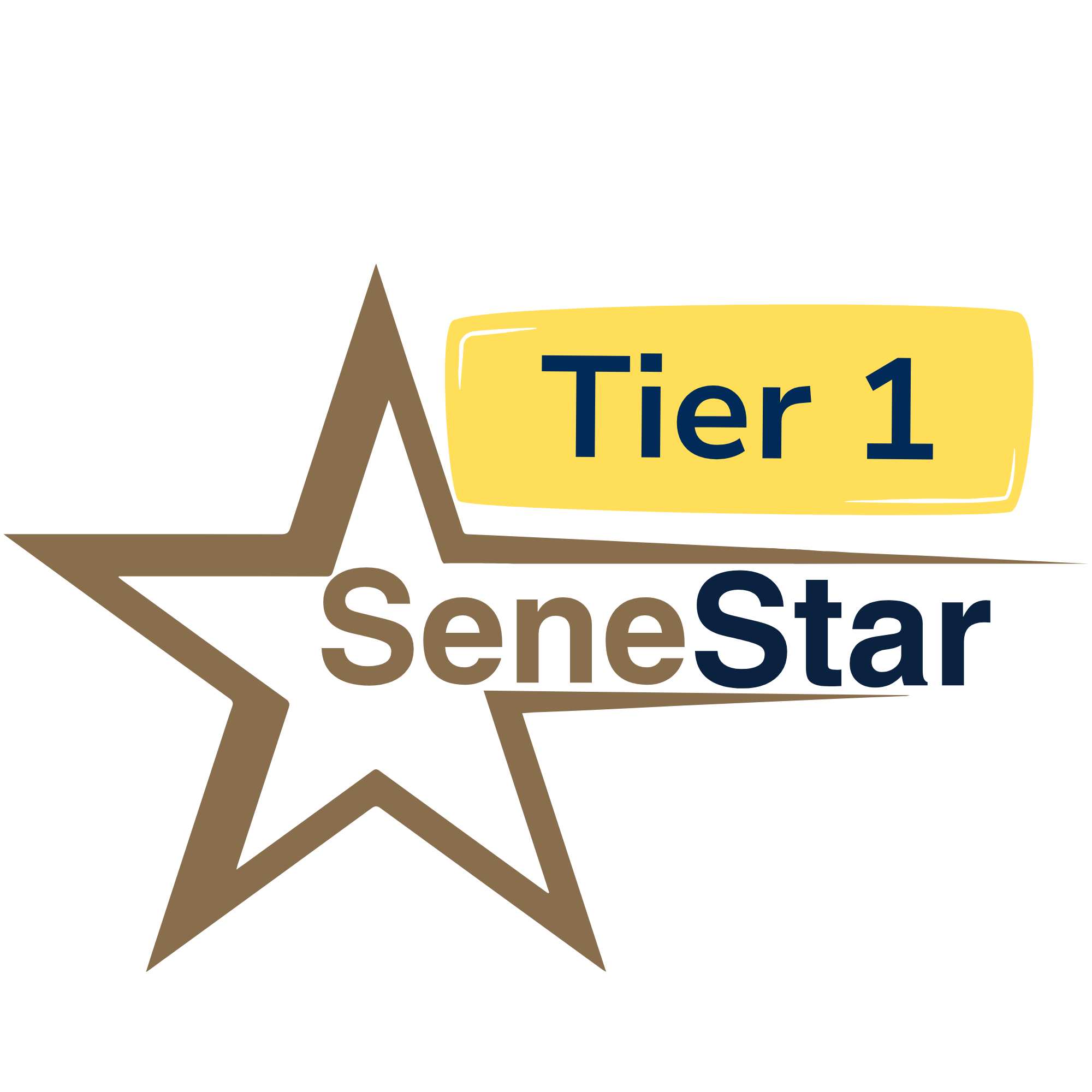 Tier 1 SeneStar logo featuring a yellow badge over a brown star and SeneStar text