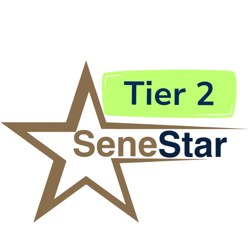 SeneStar Tier 2 badge with lime rounded label over a brown star logo