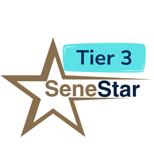SeneStar Tier 3 badge with turquoise rounded label over a brown star logo