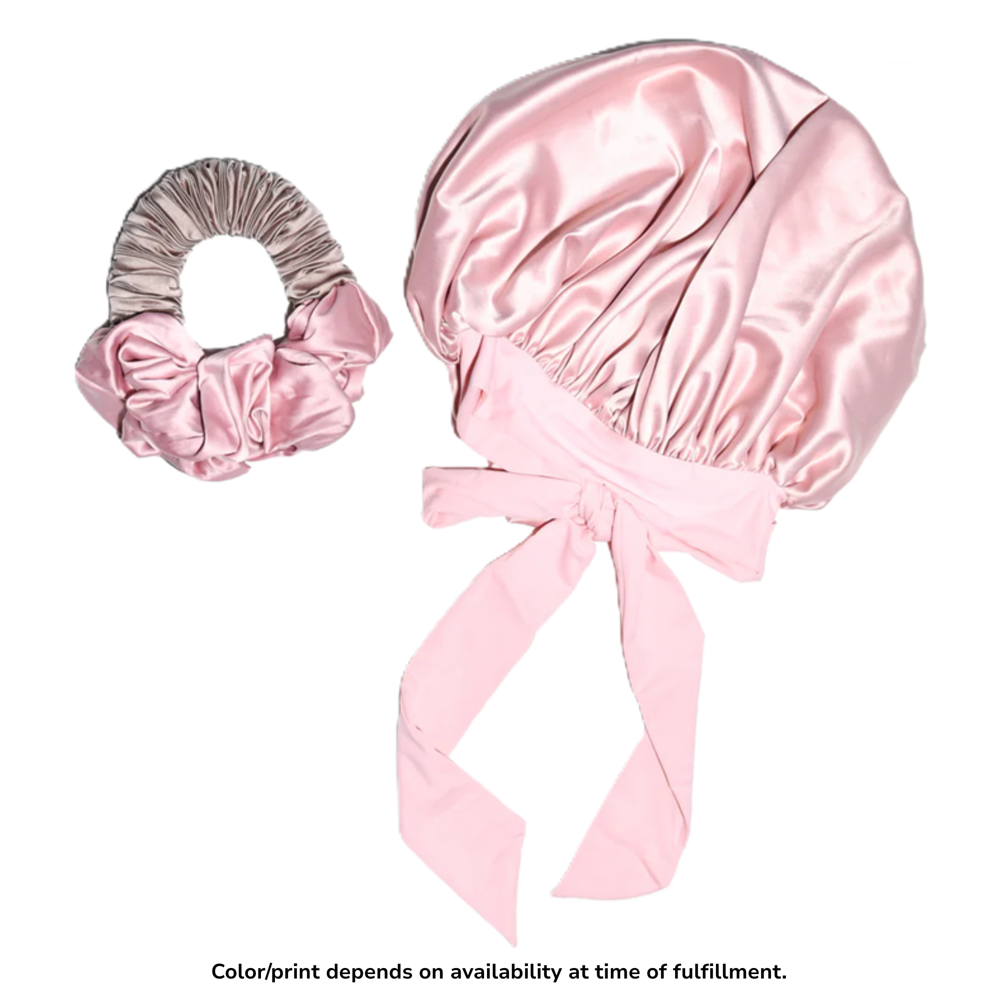 Pink satin sleep bonnet with matching scrunchie
