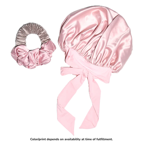 Pink satin sleep bonnet with matching scrunchie