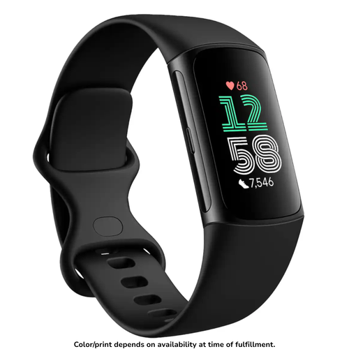Black Fitbit health tracker with curved touchscreen and silicone band.