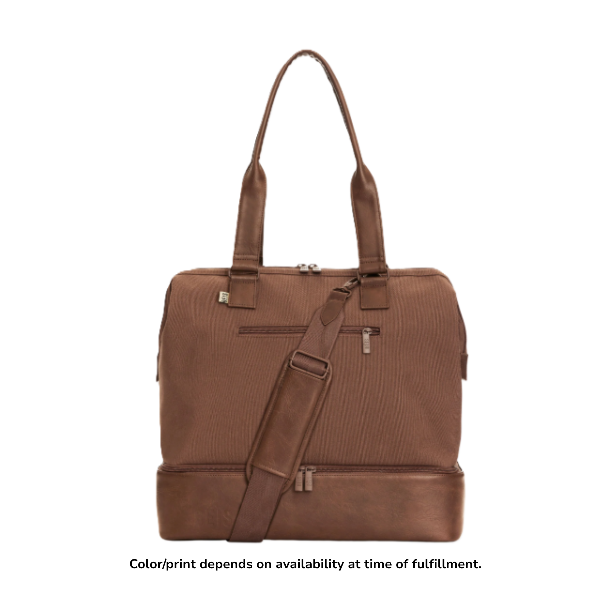 Brown Beis mini weekender bag with two top handles and a detachable crossbody strap.