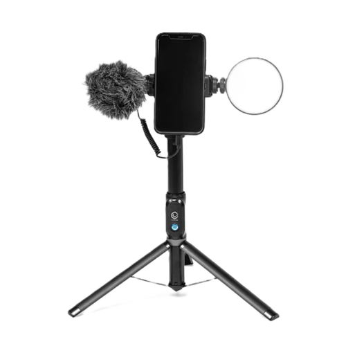 Mobile Creator Kit 2.0 on a tripod with smartphone mount furry microphone and ring light
