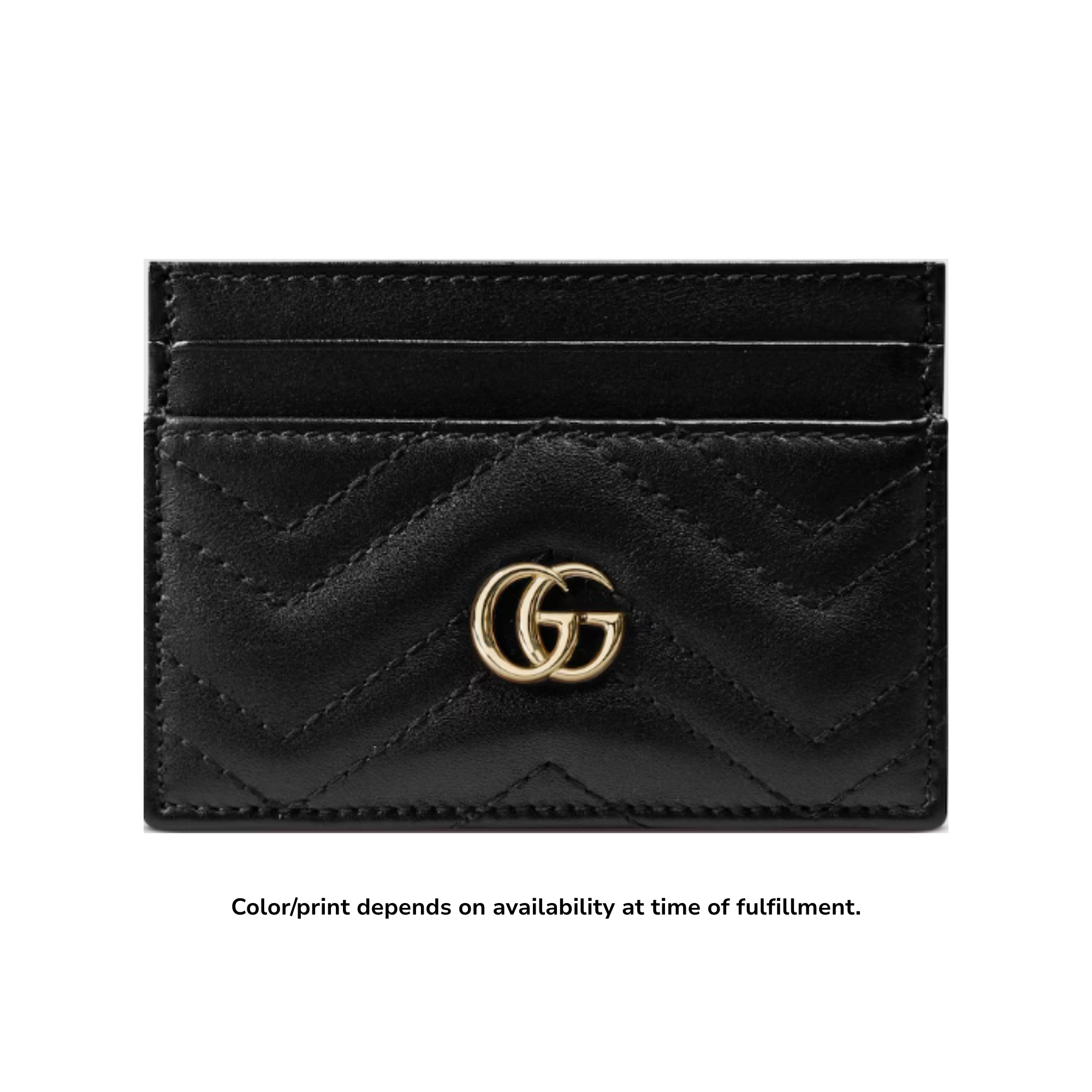 Black leather Gucci card holder with chevron quilting and gold interlocking GG emblem.
