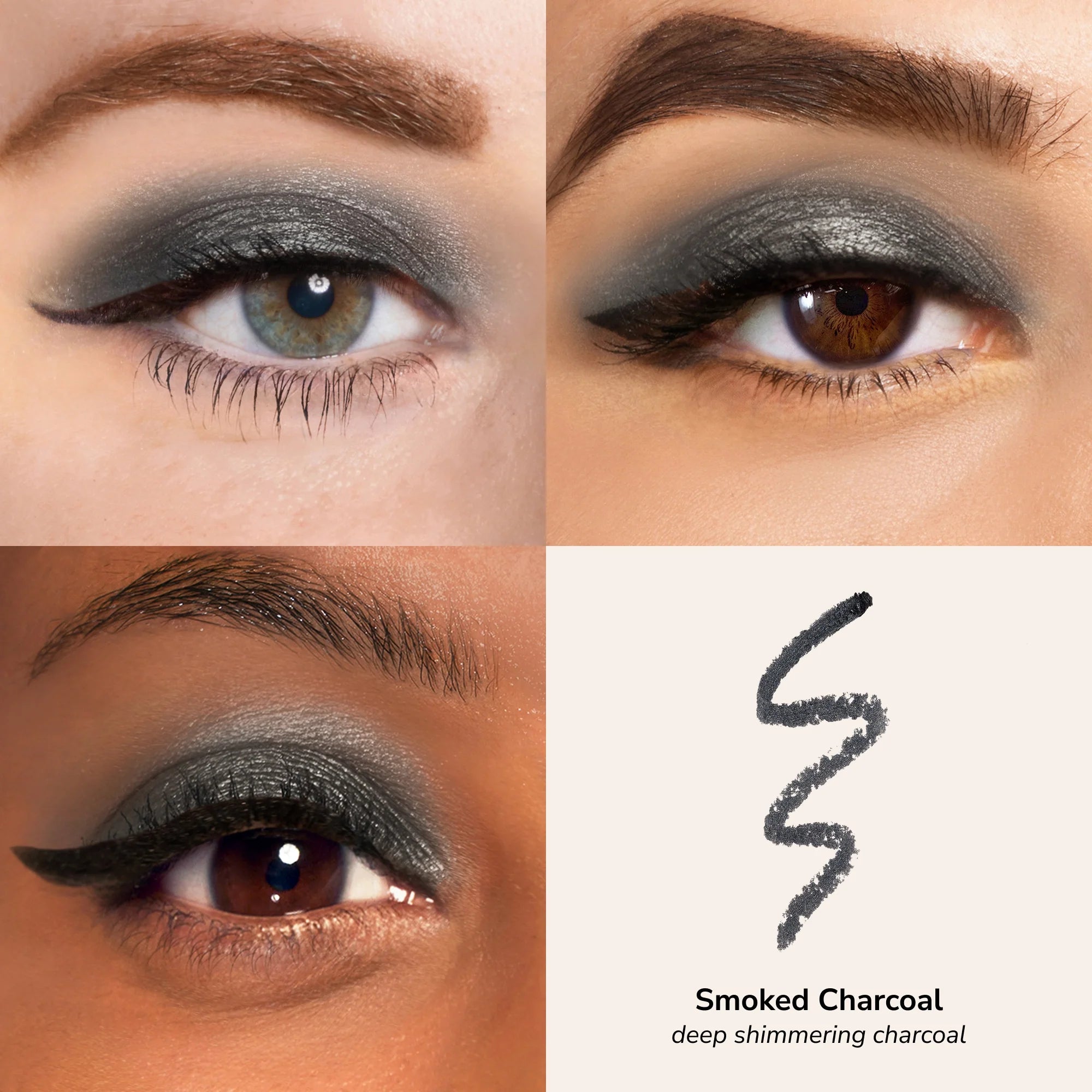 Skintone quadrant Glowify Long-Lasting Eyeshadow Stick product shade Smoked Charcoal.