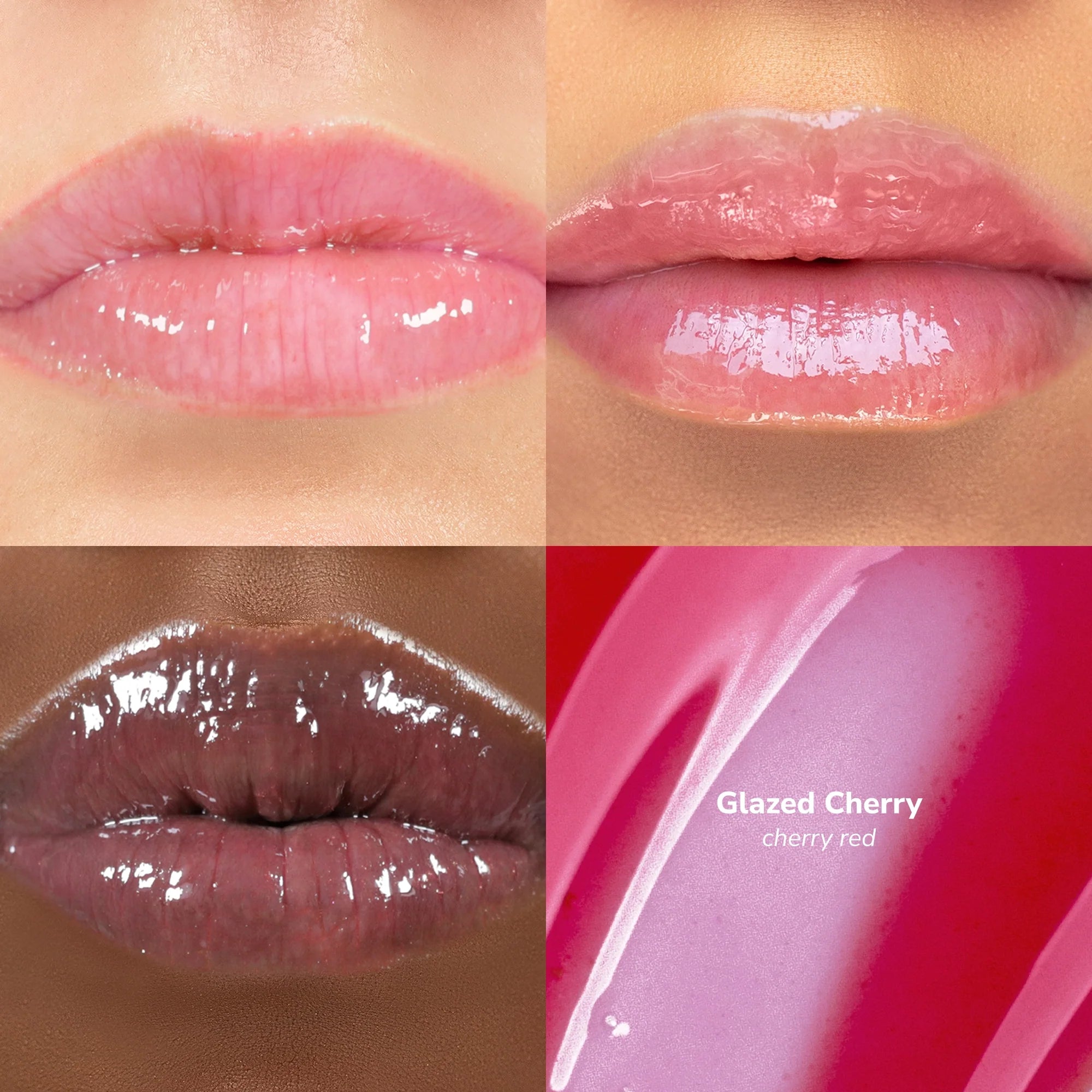 Skintone quadrant Glowify Sheer Silk Lip Oil product shade Glazed Cherry.