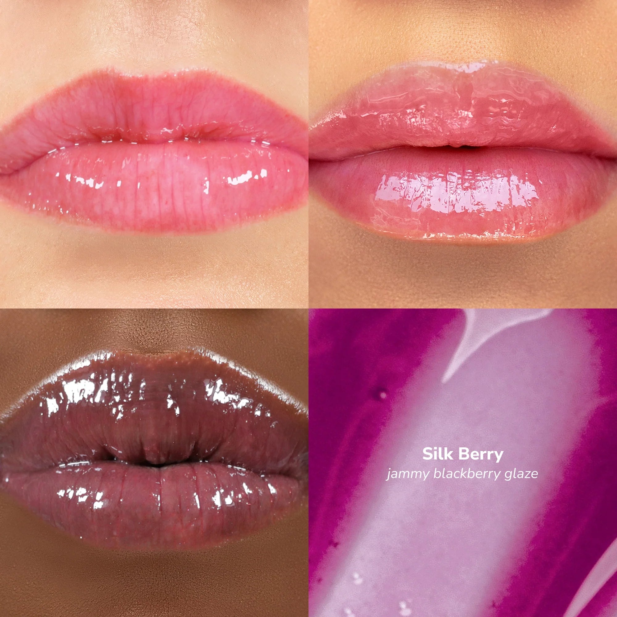 Skintone quadrant Glowify Sheer Silk Lip Oil product shade Silk Berry.