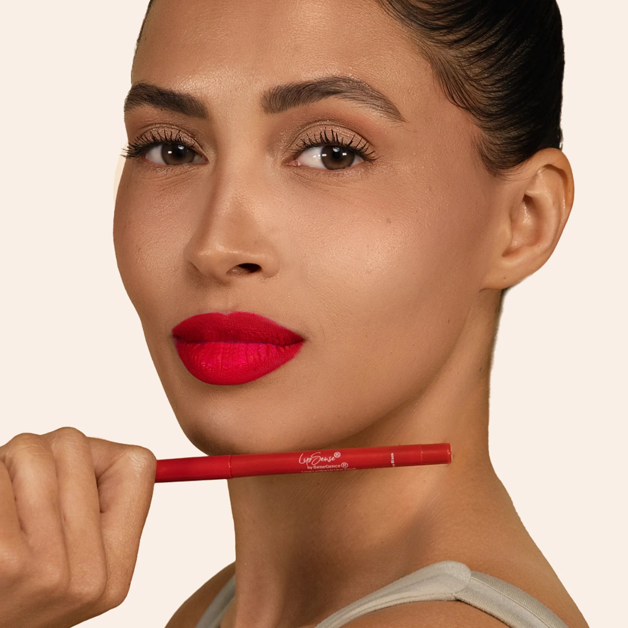 Model wearing LipSense Long-Lasting Lip Liner Pencil product shade Cherry Blaze.