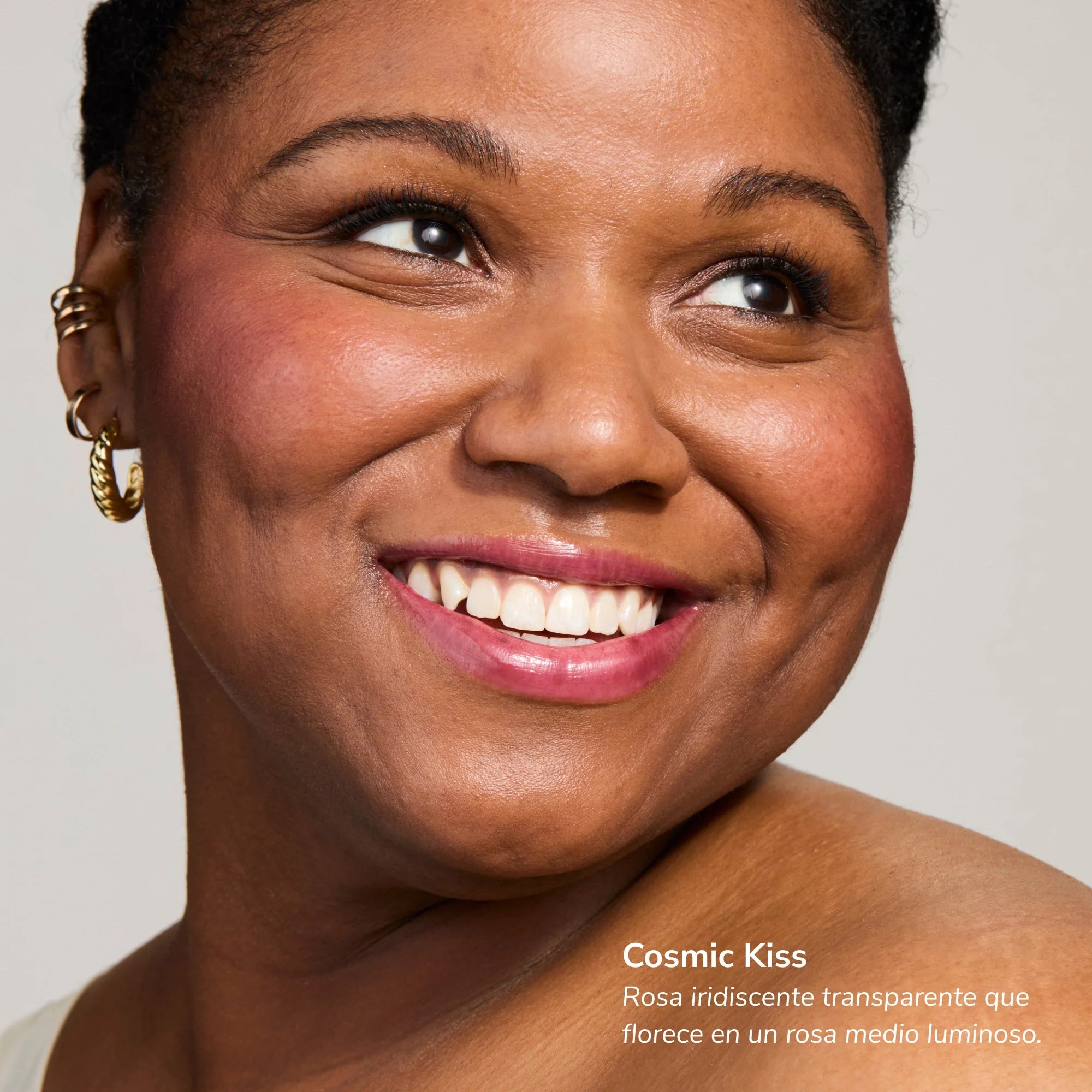 Close-up of a smiling woman with rosy lips and gold hoop earrings showcasing Glowify pH Lip Oil Tint Mood Ring Duo MX