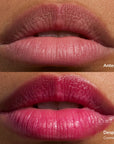 Lips shown in a before and after comparison with natural lips above and pink glossy lips below showcasing Glowify Mood Ring lip tint