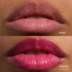 Lips shown in a before and after comparison with natural lips above and pink glossy lips below showcasing Glowify Mood Ring lip tint