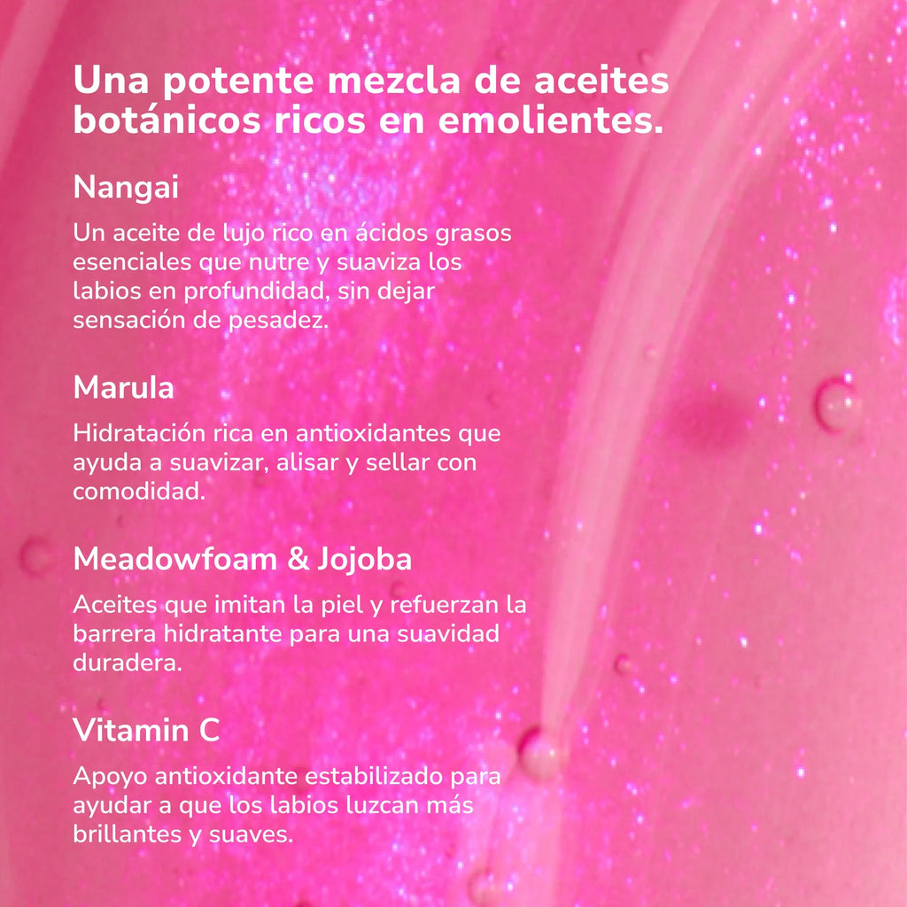 Pink background featuring a list of lip oil ingredients Nangai Marula Meadowfoam and Jojoba and Vitamin C