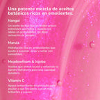 Pink background featuring a list of lip oil ingredients Nangai Marula Meadowfoam and Jojoba and Vitamin C