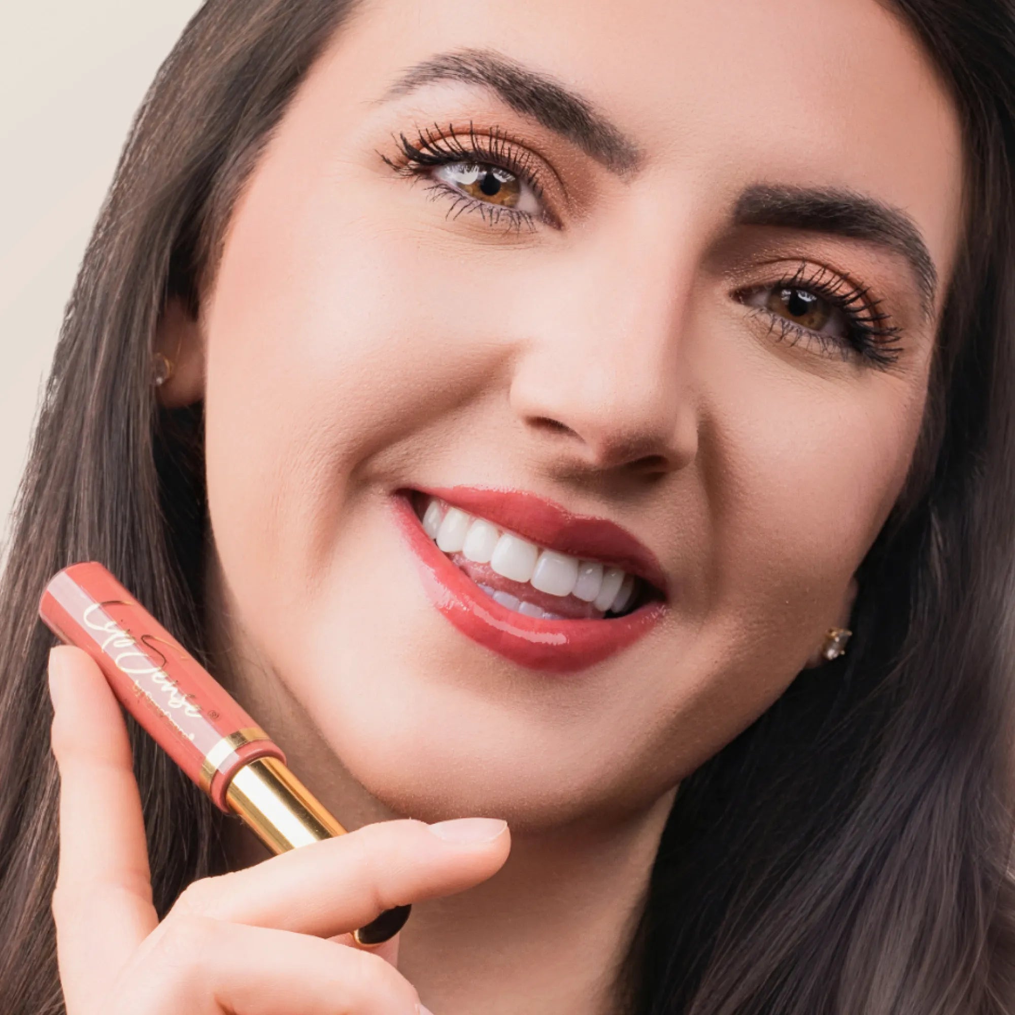 Model wearing LipSense Lip Color shade Earth product