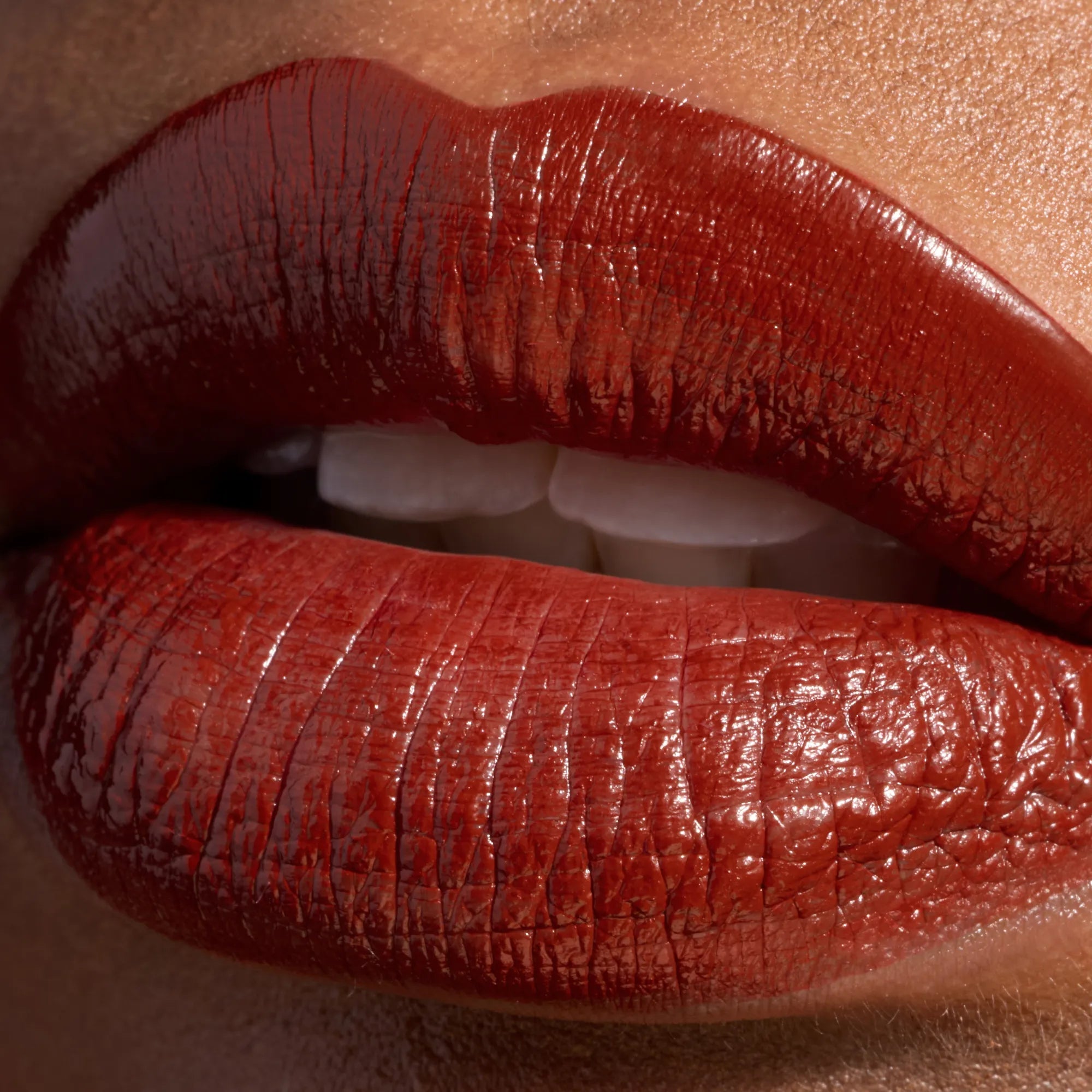 Close up of model LipSense Lip Color shade Fire product