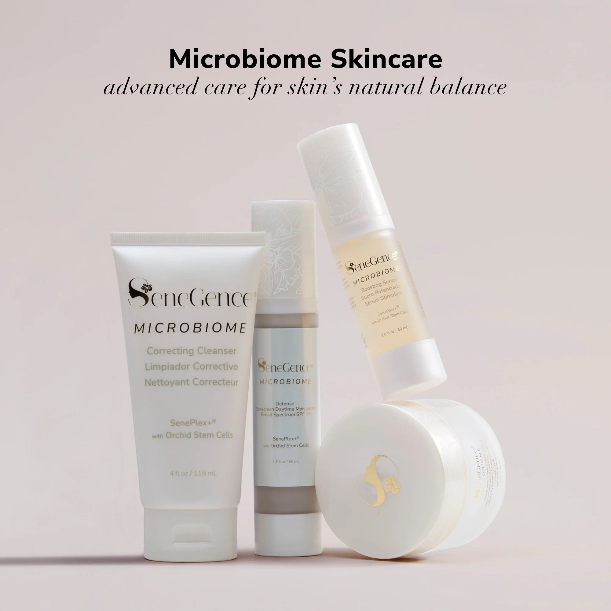 Senegence Microbiome skincare products on a light pink background