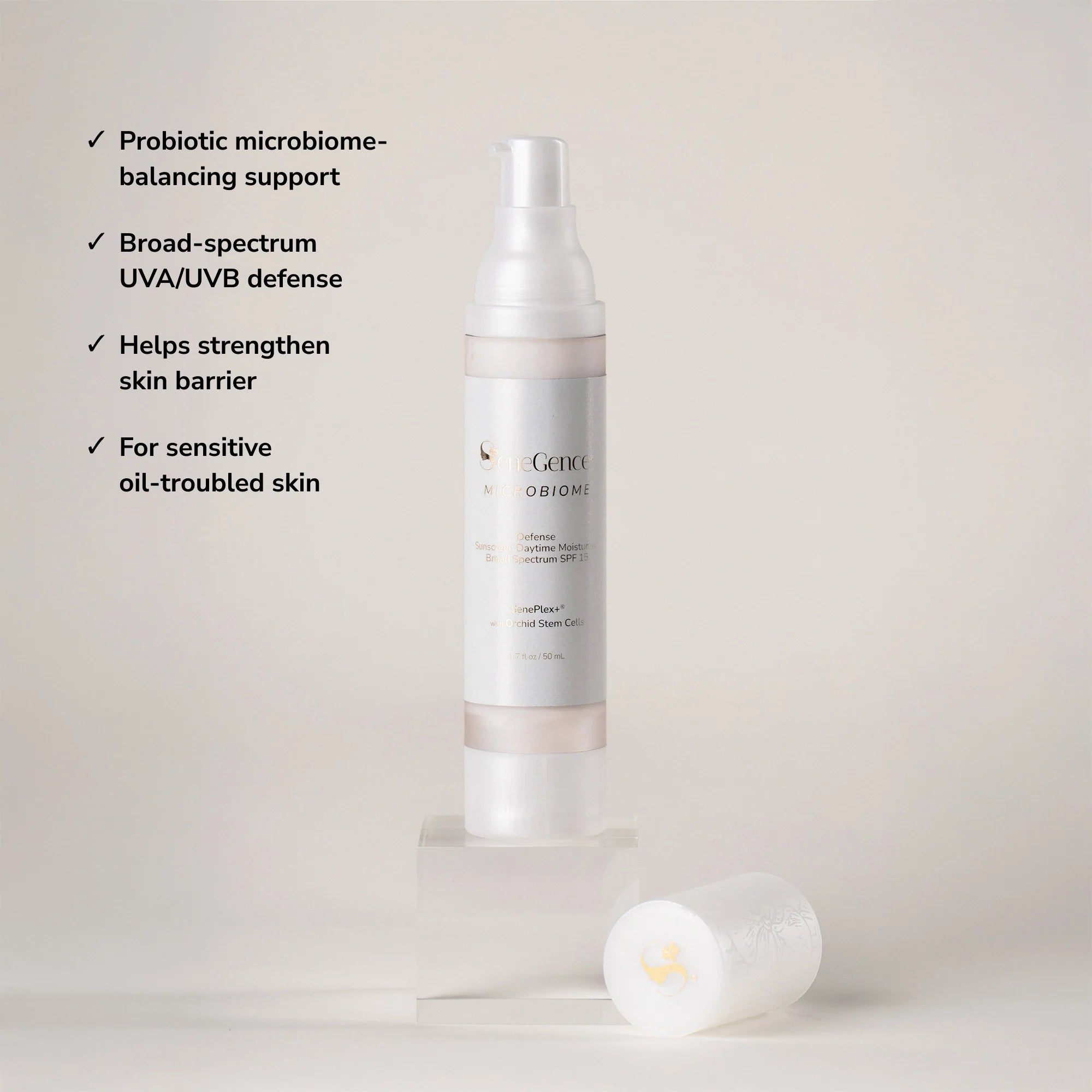 Microbiome Defense Daytime Moisturizer SPF 15 product with benefit callouts.