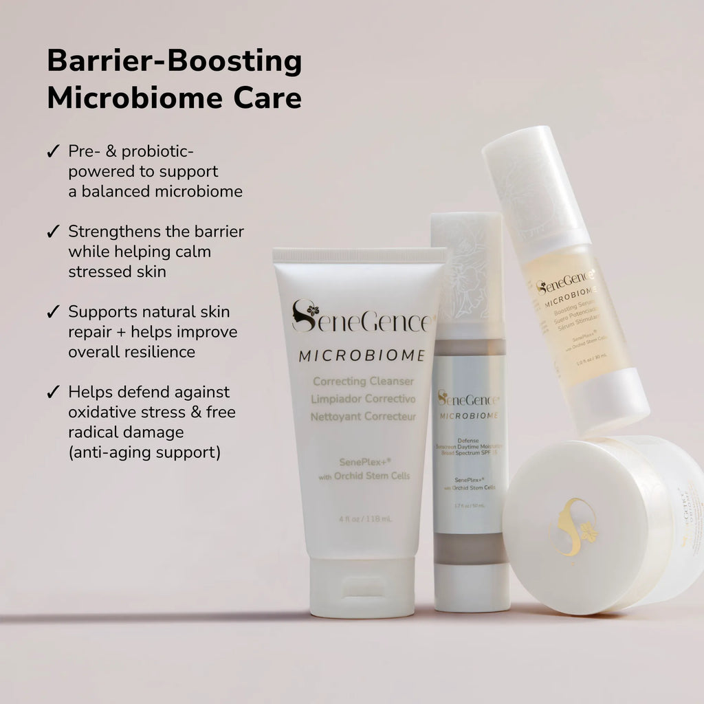Barrier boosting microbiome care display with four skincare products arranged left to right a cleanser tube a serum bottle a moisturizer bottle and a cream jar on a soft gradient backdrop