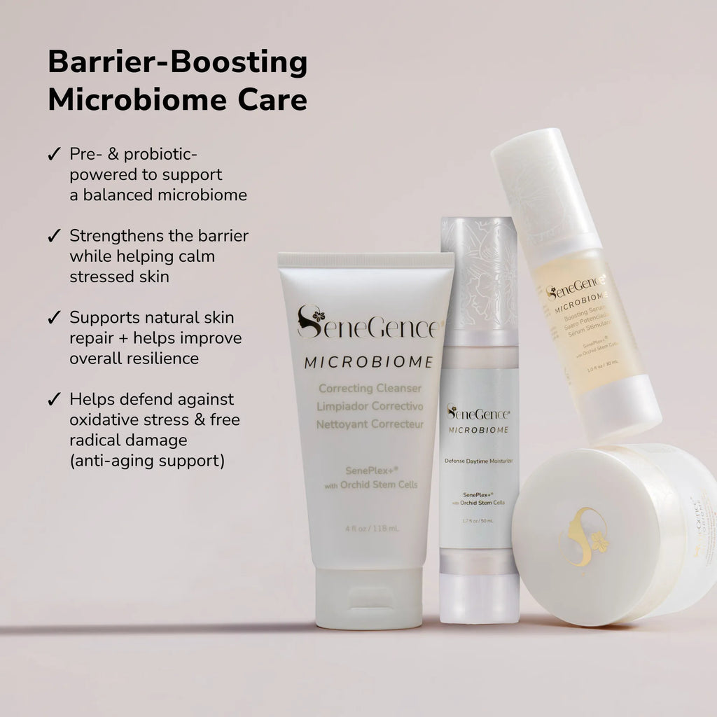 Barrier boosting microbiome care set with cleanser booster serum and night cream displayed against a soft pastel background