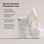 Barrier boosting microbiome care set with cleanser booster serum and night cream displayed against a soft pastel background
