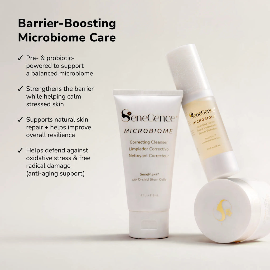 Barrier boosting microbiome care set with a cleansing tube and a serum bottle displayed against a soft beige background.