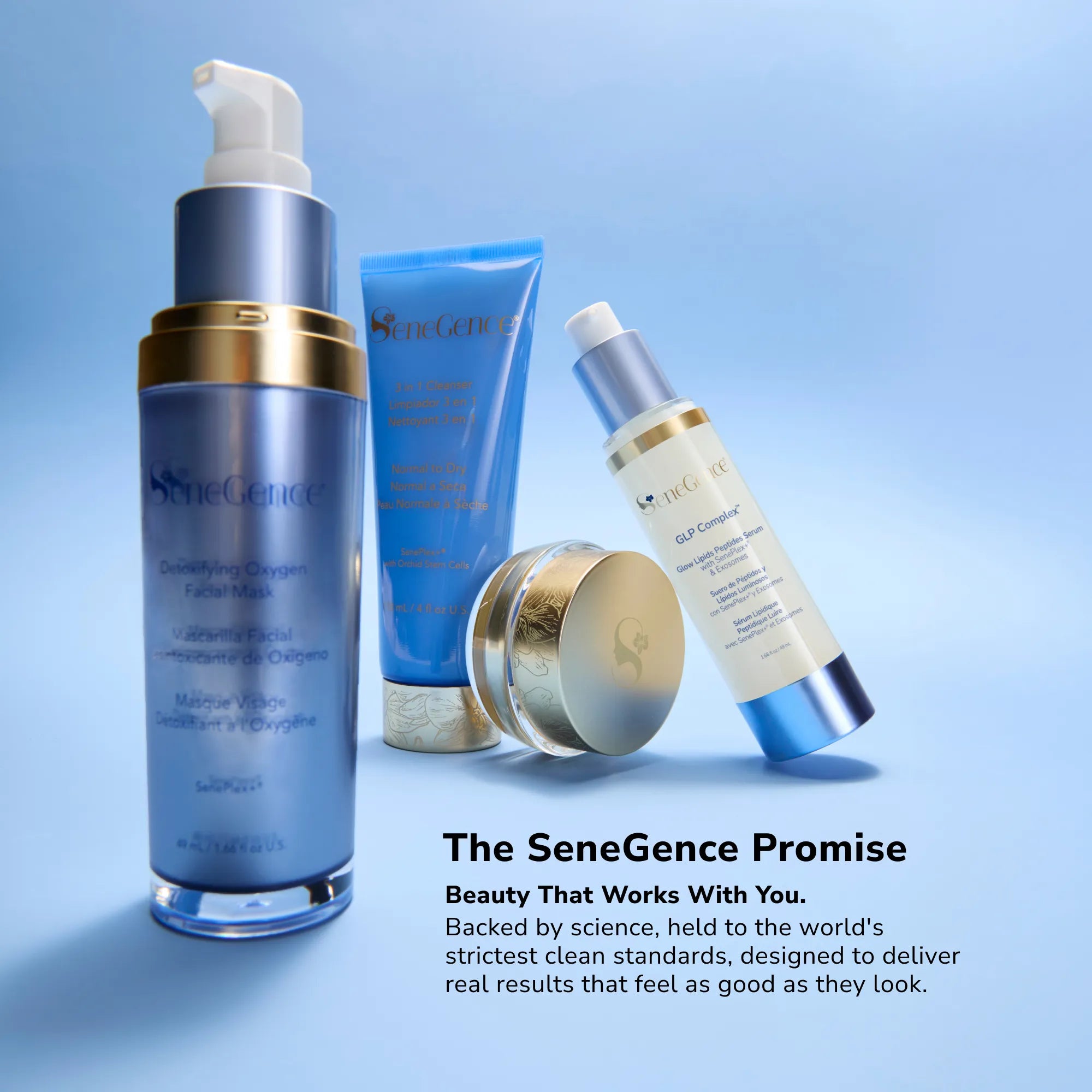 The SeneGence skincare lineup with a blue and gold pump bottle a blue tube a jar and a smaller bottle on a blue backdrop