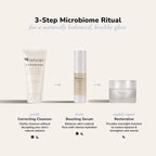 Infographic of the 3 Step Microbiome Ritual showing cleanser boosting serum and nightly restorative moisturizer with arrows