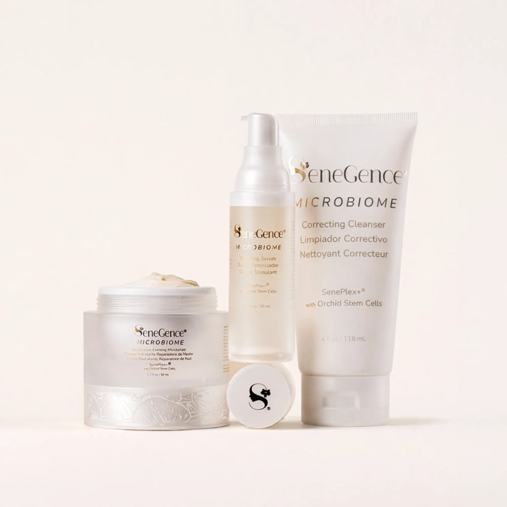 SeneGence Microbiome Regimen Set MX with cream in a jar serum bottle and cleanser tube on a pale background