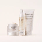 SeneGence Microbiome Regimen Set MX with cream in a jar serum bottle and cleanser tube on a pale background