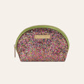 Glittery half moon cosmetic bag with lime green zipper and gold logo plaque