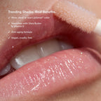 Close-up of glossy pink lips with shimmering LipSense gloss and a text overlay about trending shades.
