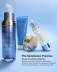 SeneGence skincare trio on a blue backdrop featuring a facial mask, a 3 in 1 cleanser, and GLP Complex.
