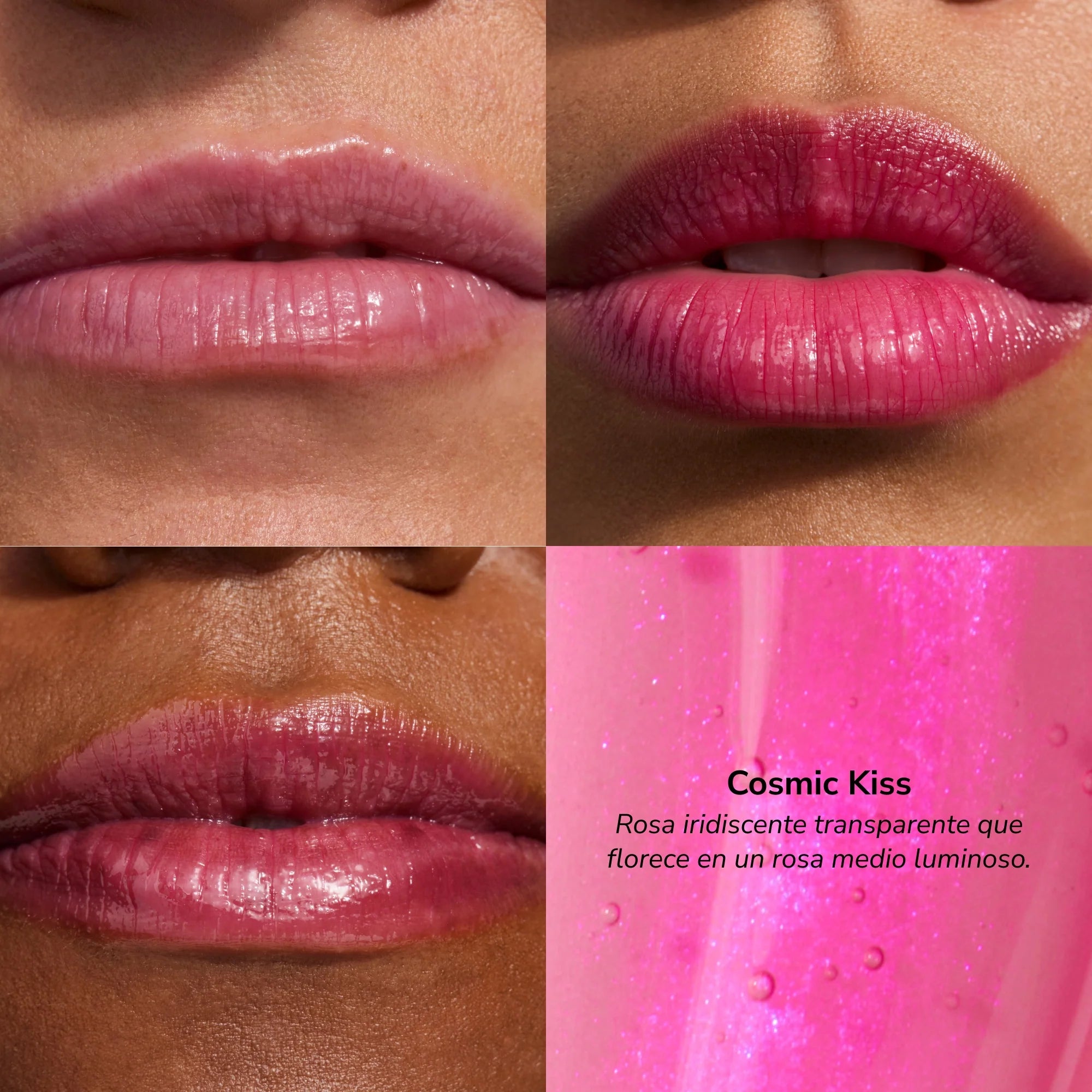 Collage of lips wearing a pink lip product with 'Cosmic Kiss' description.