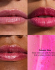 Collage of lips wearing pink lipstick with a close-up of the product labeled 'Cosmic Kiss'.