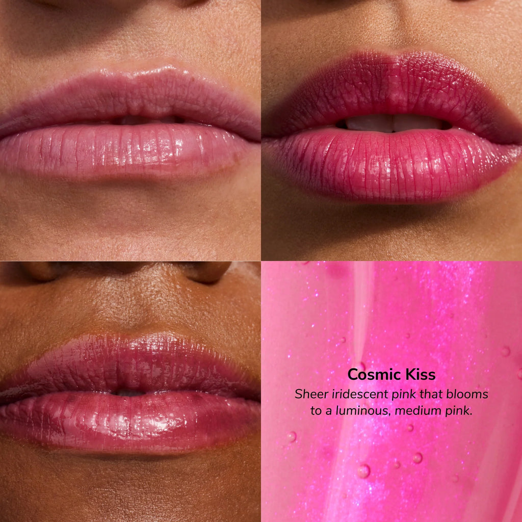 Collage of lips wearing pink lipstick with a close-up of the product labeled 'Cosmic Kiss'.