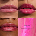 Collage of lips wearing pink lipstick with a close-up of the product labeled 'Cosmic Kiss'.