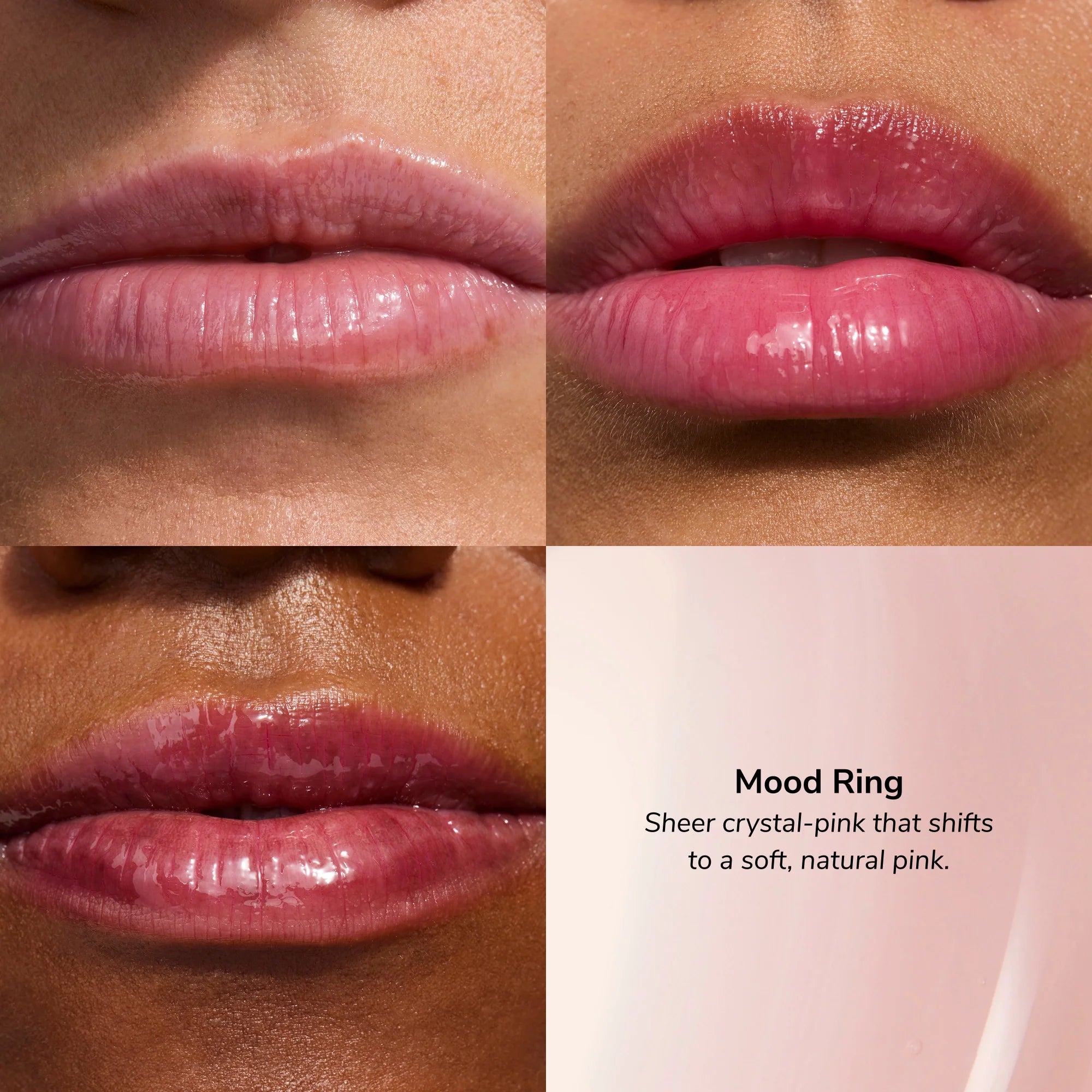Collage of lips with different shades of pink, labeled 'Mood Ring' with color description.